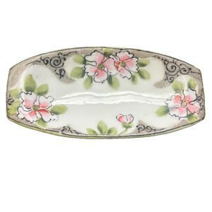 Vtg Hand Painted Japan Pink Wild Rose Dogwood Relish Butter Dish Candy Tray